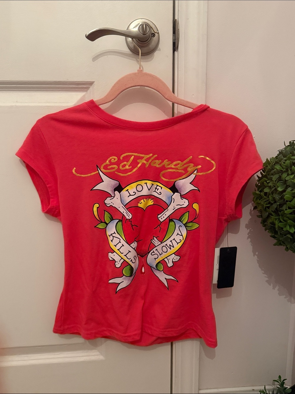 Ed Hardy Coral Red Tee with Heart Banner Graphic (NWT)